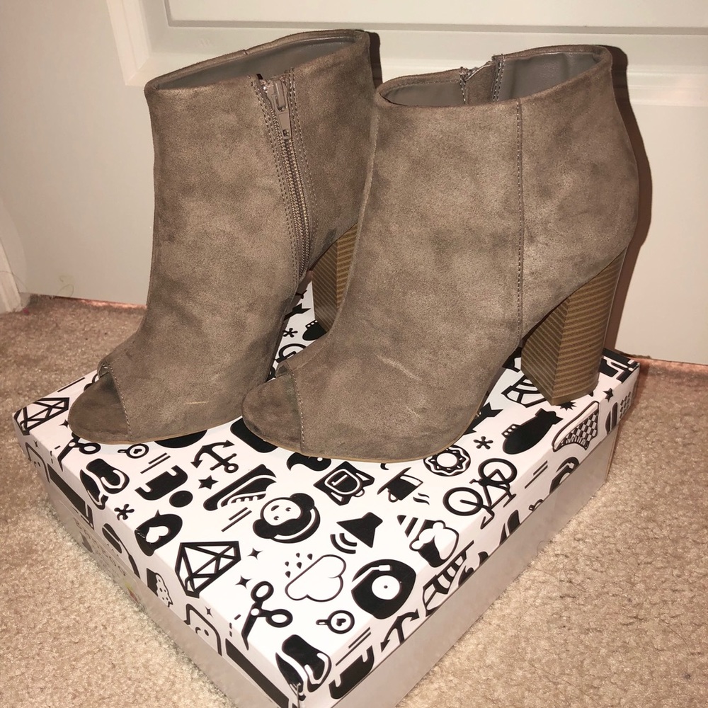 Grey Faux Suede Peep Toe Booties